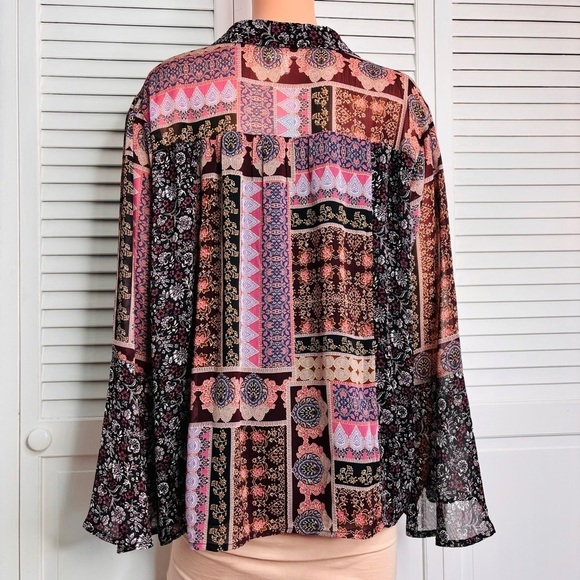 2/$50 MAURICES Pink Patchwork Button Front Bell Sleeve Blouse Size XXL - Picture 9 of 9